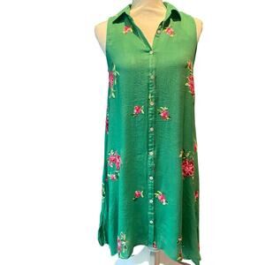 Hope Springs Green Shirt dress with embroidered flowers Small boho fairy cottage